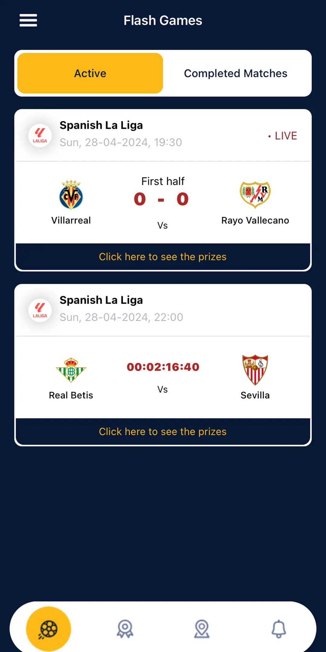OnFire live matches screen showing two La Liga fixtures, one in progress with a live score and one counting down to kick-off