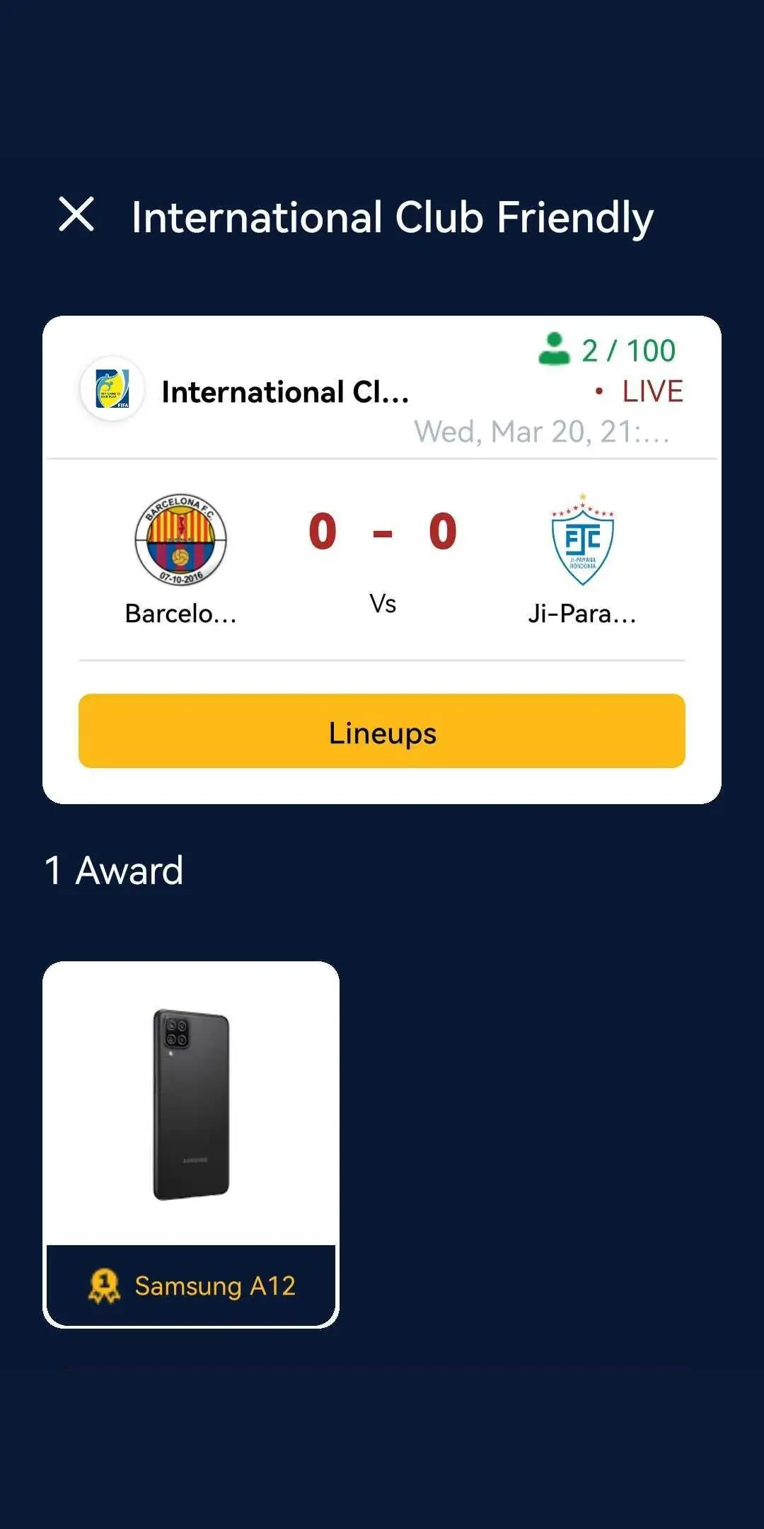 OnFire match awards screen on Android showing a live international friendly and the prize on offer