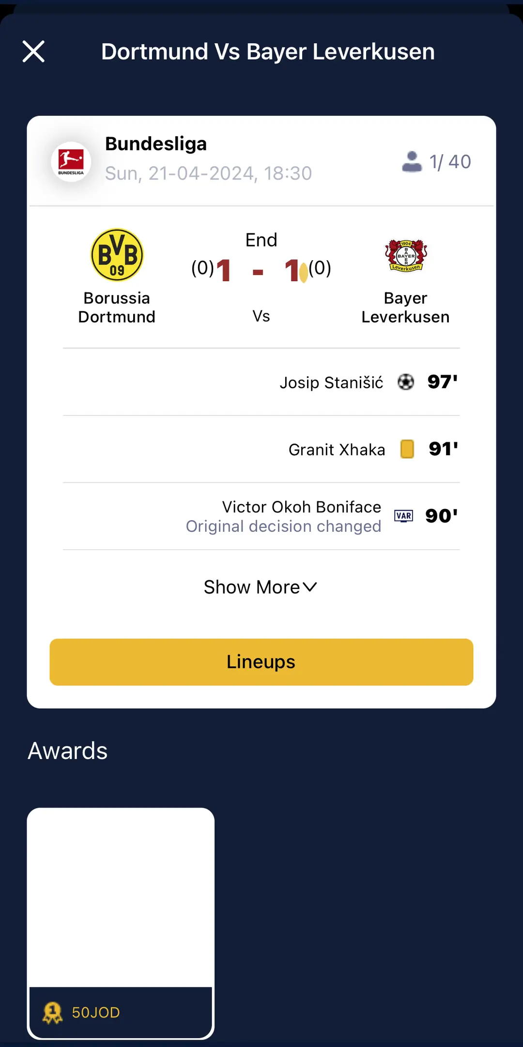 OnFire match detail screen showing the final score, a timeline of goals, cards and VAR decisions, and an awards section
